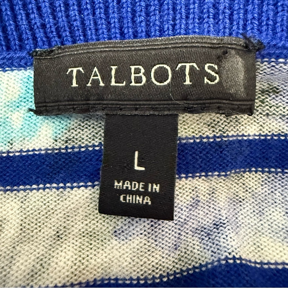 Talbots L Cardigan Sweater 3/4 Sleeve Cotton Blend Blue White Stripes Floral - Picture 5 of 8